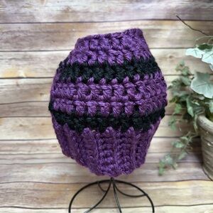 Elegant Purple and Black Crochet Messy Bun Hat